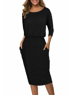 Moyabo Women's 3/4 Sleeve Round Neck Hips-Wrapped Casual Office Pencil Dress