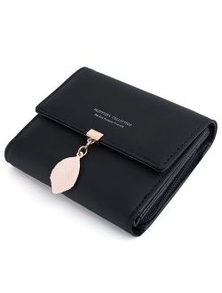 Small Wallet for Women PU Leather Leaf Pendant Card Holder Organizer Zipper Coin Purse