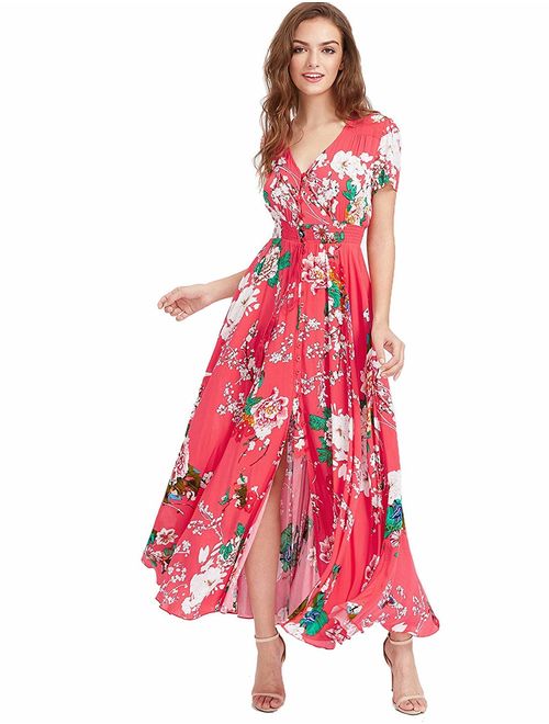 Milumia Women Floral Print Button Up Split Flowy Party Maxi Dress