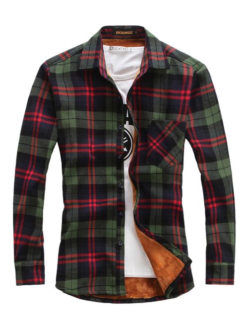 chouyatou Men's Warm Long Sleeve Fleece Lined Spliced Plaid Button Down Shirt