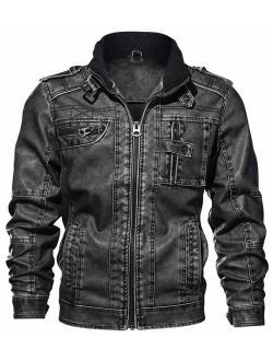Men's Casual Long Sleeve Zip-Up Distressed Faux Leather Moto Jacket