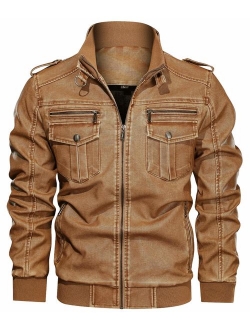 Men's Casual Long Sleeve Zip-Up Distressed Faux Leather Moto Jacket