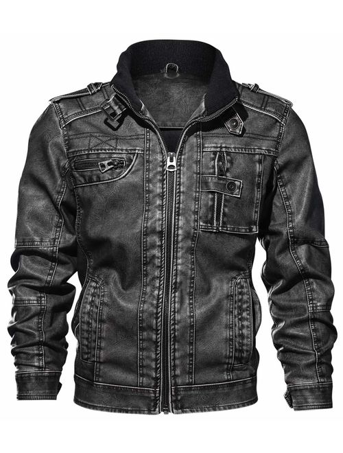 chouyatou Men's Casual Long Sleeve Zip-Up Distressed Faux Leather Moto Jacket