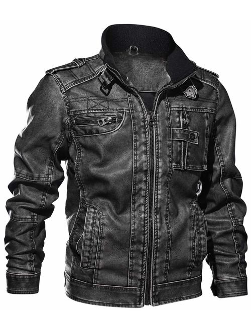 chouyatou Men's Casual Long Sleeve Zip-Up Distressed Faux Leather Moto Jacket