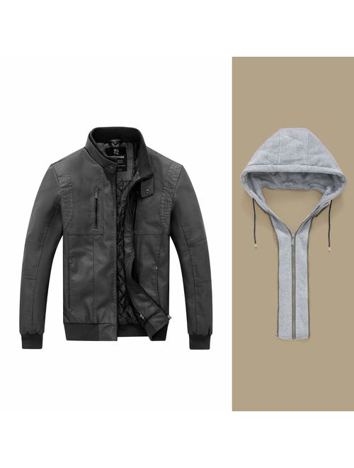 Wantdo Men's Faux Leather Jacket Moto Hoodie Jacket PU Outwear Warm Jacket