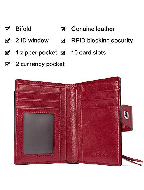 BOSTANTEN Women Leather Wallet RFID Blocking Small Bifold Zipper Pocket Wallet Card Case Purse with ID Window