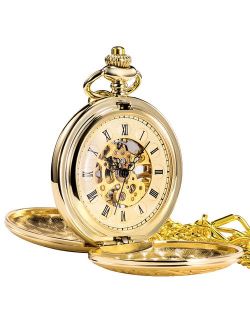 Antique Mens Pocket Watch Skeleton Mechanical Half Hunter Silver Golden Case Roman Numerals