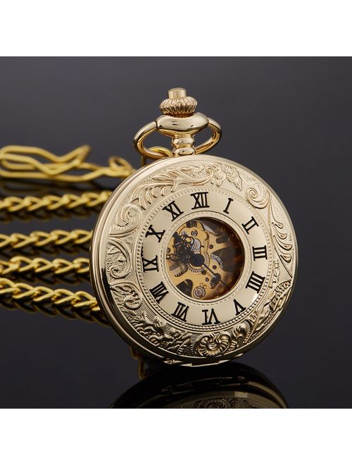 TREEWETO Antique Mens Pocket Watch Skeleton Mechanical Half Hunter Silver Golden Case Roman Numerals