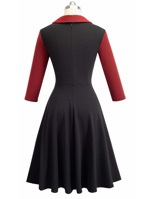 HOMEYEE Women's Lapel 3/4 Sleeve Church Aline Colorblock Work Dress A121