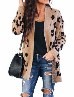 Women's Long Sleeves Open Front Leopard Print Button Down Knitted Sweater Cardigan Coat Outwear with Pockets