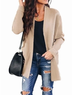 Women's Long Sleeves Open Front Leopard Print Button Down Knitted Sweater Cardigan Coat Outwear with Pockets