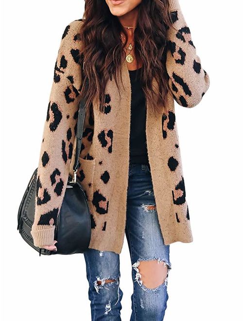 ZESICA Women's Long Sleeves Open Front Leopard Print Button Down Knitted Sweater Cardigan Coat Outwear with Pockets