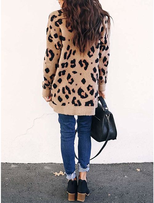 ZESICA Women's Long Sleeves Open Front Leopard Print Button Down Knitted Sweater Cardigan Coat Outwear with Pockets