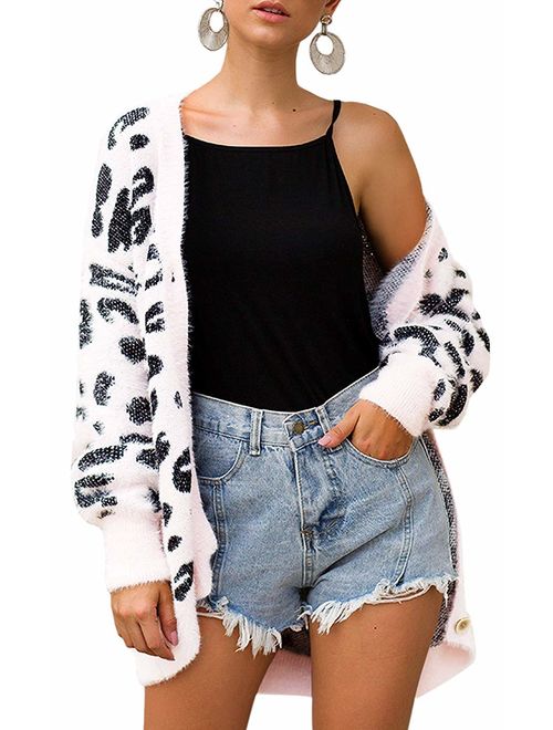 ZESICA Women's Long Sleeves Open Front Leopard Print Knitted Sweater Cardigan Coat Outwear with Pockets 