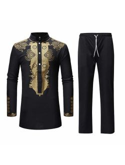 Men's Casual African Dashiki Print Two Piece Outfit Long Sleeve Slim Fit Hipster Shirt Pants Set