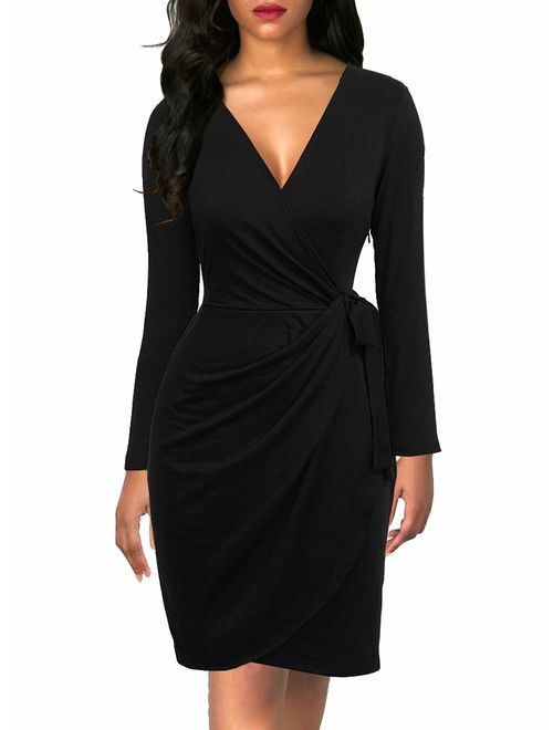 Berydress Women's Classic V-Neck Long Sleeve Casual Party Work Belted Knee-Length Sheath Faux Black Wrap Dress