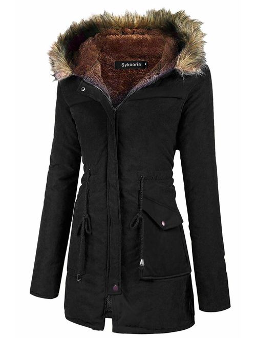 Sykooria Womens Hooded Faux Fur Anroak Outwear Jacket Warm Winter Thicken Fleece Lined Parkas Long Coats