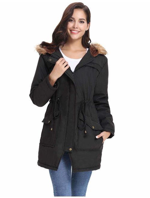 Sykooria Womens Hooded Faux Fur Anroak Outwear Jacket Warm Winter Thicken Fleece Lined Parkas Long Coats