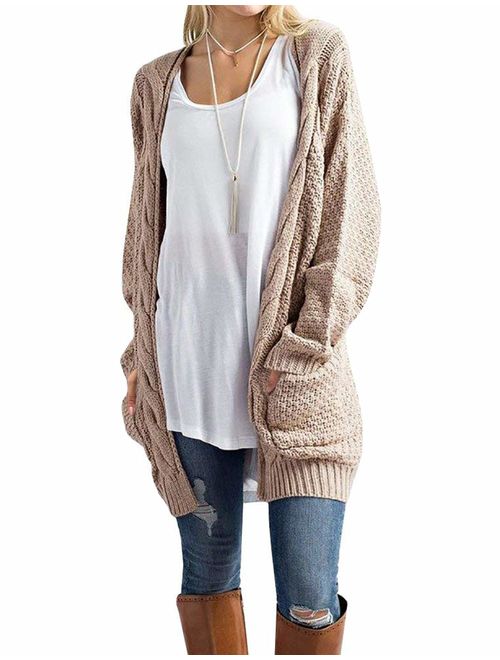 OmicGot Women's Long Sleeve Open Front Chunky Cable Knit Loose Cardigan Sweater