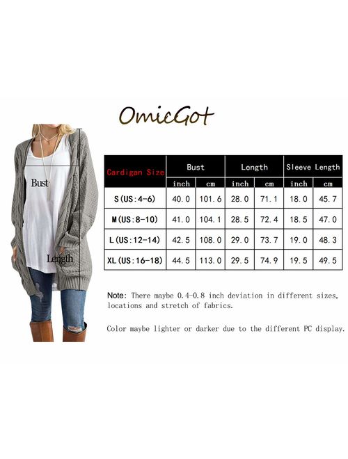 OmicGot Women's Long Sleeve Open Front Chunky Cable Knit Loose Cardigan Sweater