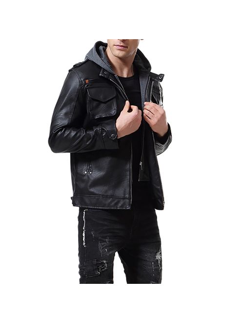 AOWOFS Men's Faux Leather Jacket with Hood Motorcycle Bomber Fashion Slim Fit Winter Coat