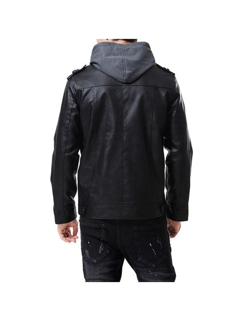 AOWOFS Men's Faux Leather Jacket with Hood Motorcycle Bomber Fashion Slim Fit Winter Coat