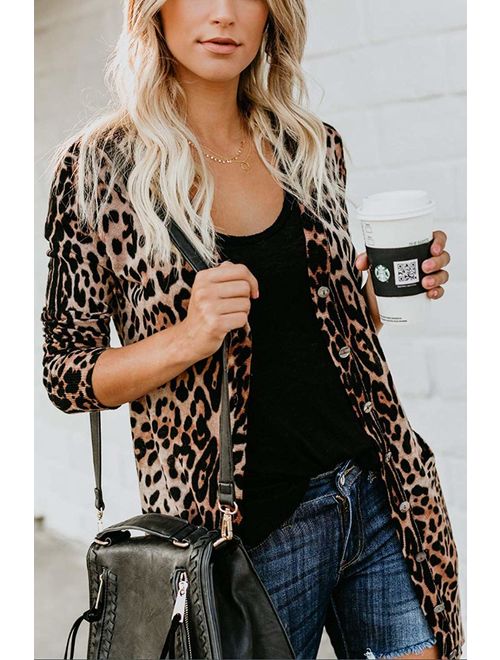 Women's Leopard Printed Cardigans Shirt Lightweight Button Down Cardigans Coat W Pockets(S-2XL)