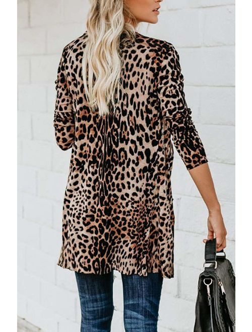 Women's Leopard Printed Cardigans Shirt Lightweight Button Down Cardigans Coat W Pockets(S-2XL)