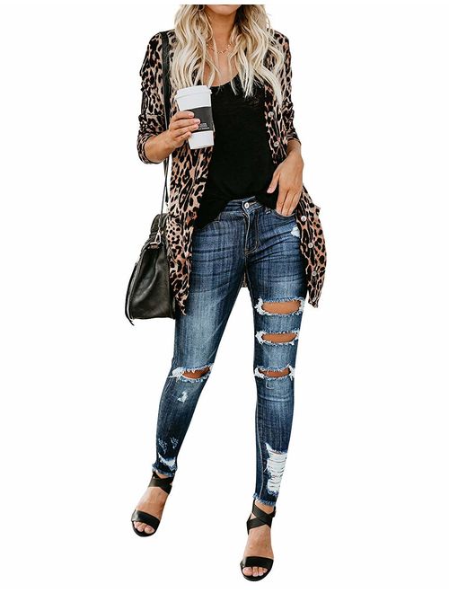 Women's Leopard Printed Cardigans Shirt Lightweight Button Down Cardigans Coat W Pockets(S-2XL)