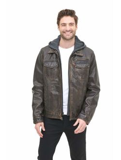 Men's Faux-Leather Two-Pocket Trucker Hoodie Jacket with Sherpa Lining