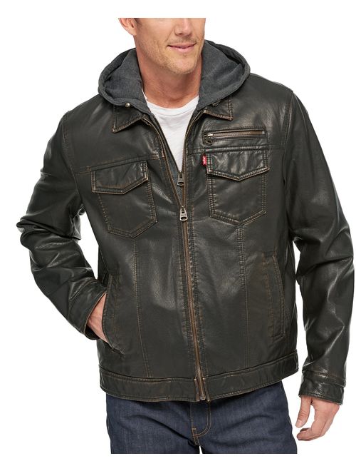 Levi's Men's Faux-Leather Two-Pocket Trucker Hoodie Jacket with Sherpa Lining