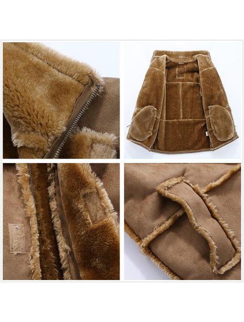 Allonly Men's Vintage Sheepskin Jacket Fur Leather Jacket Cashmere Shearling Coat