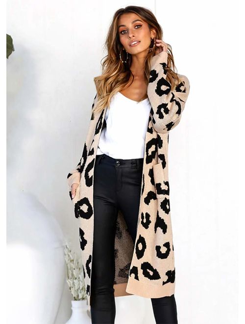 BTFBM Women Long Sleeve Open Front Leopard Knit Long Cardigan Casual Print Knitted Maxi Sweater Coat Outwear with Pockets