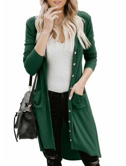 Womens Snap Button Down Pocketed Open Front Long Knited Cardigan Outerwear