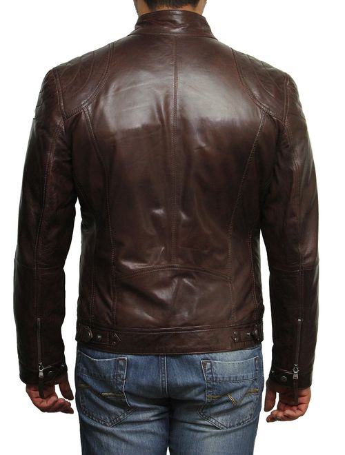 Black Leather Jacket Mens - Cafe Racer Real Lambskin Leather Distressed Motorcycle Jacket