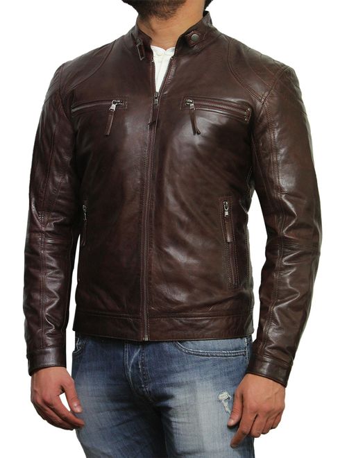 Black Leather Jacket Mens - Cafe Racer Real Lambskin Leather Distressed Motorcycle Jacket