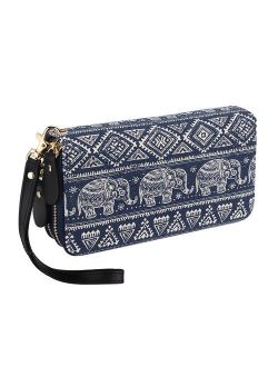 Bohemian Purse Wallet Canvas Elephant Pattern Handbag with Coin Pocket and Strap