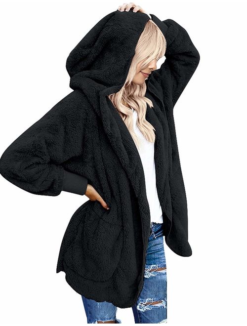 Yanekop Womens Fuzzy Fleece Open Front Hooded Cardigan Jackets Sherpa Coat with Pockets