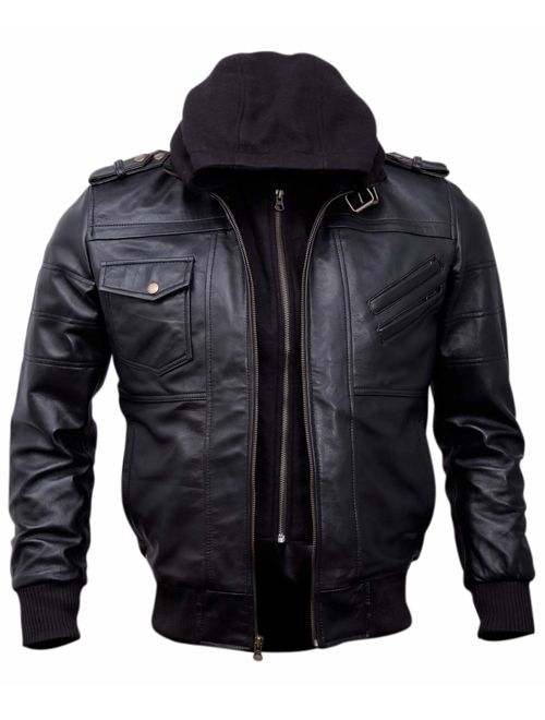 Mens Genuine Black Hooded Bomber Leather Jacket | Real Lambskin Waxed Brown Leather Jackets for Men with Removable Hood