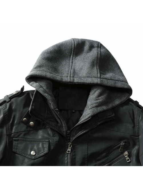 WULFUL Men's Vintage Motorcycle Faux Leather Jacket Outwear Winter Jackets with Removable Hood