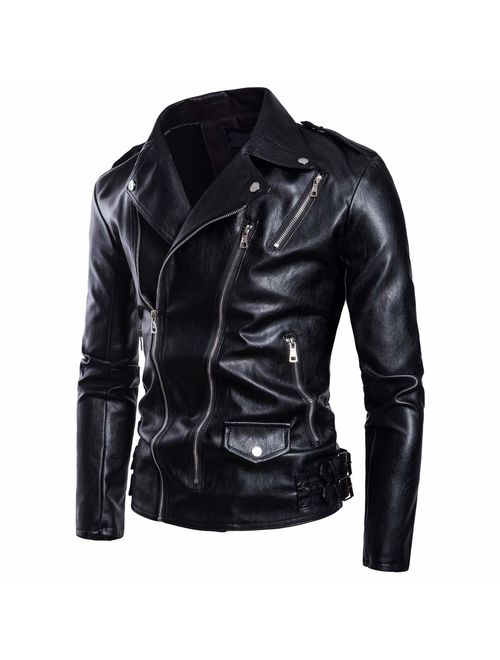 AOWOFS Men's Faux Leather Jacket Motorcycle Lapel Bomber Punk Irregular Zipper Jacket Black