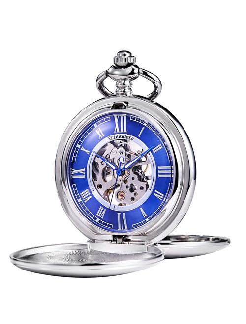 TREEWETO Pocket Watch - Smooth Double Case Series Skeleton Dial Delicate Mechanical Movement with Chain, Gold/Silver