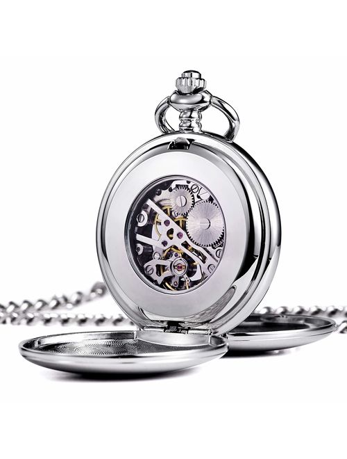 TREEWETO Pocket Watch - Smooth Double Case Series Skeleton Dial Delicate Mechanical Movement with Chain, Gold/Silver