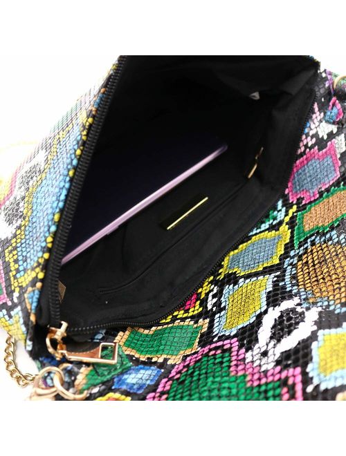 Snake Print Leather Envelope Clutch Purse with Crossbody Chain Strap