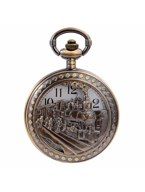 Vintage Bronze Steam Train Mens Kids Quartz Gift Pocket Watch with Chain