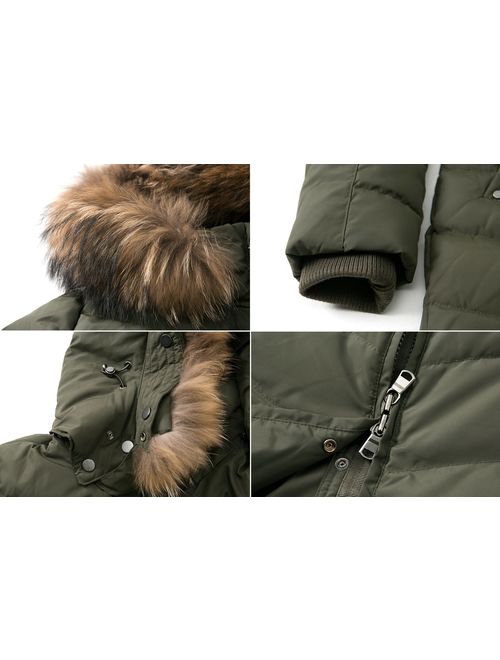 Escalier Women's Down Jacket Winter Long Parka Coat with Raccoon Fur Hooded