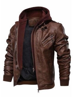 HOOD CREW Men's Casual Stand Collar PU Faux Leather Zip-Up Motorcycle Bomber Jacket with a Removable Hood