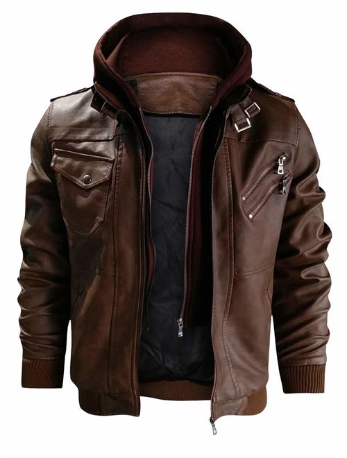 Mens Casual Long Sleeve Zip Up Bomber PU Faux Leather Jacket 