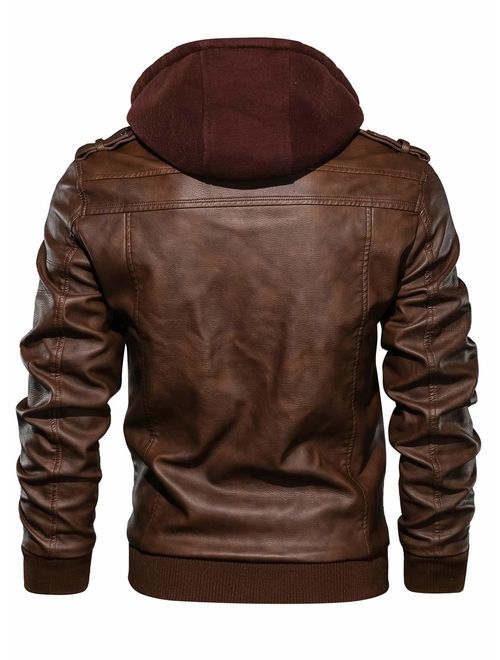 HOOD CREW Men's Casual Stand Collar PU Faux Leather Zip-Up Motorcycle Bomber Jacket with a Removable Hood