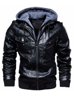 Men's Vintage Removable Hooded Slim Motorcycle Faux Leather Bomber Jacket